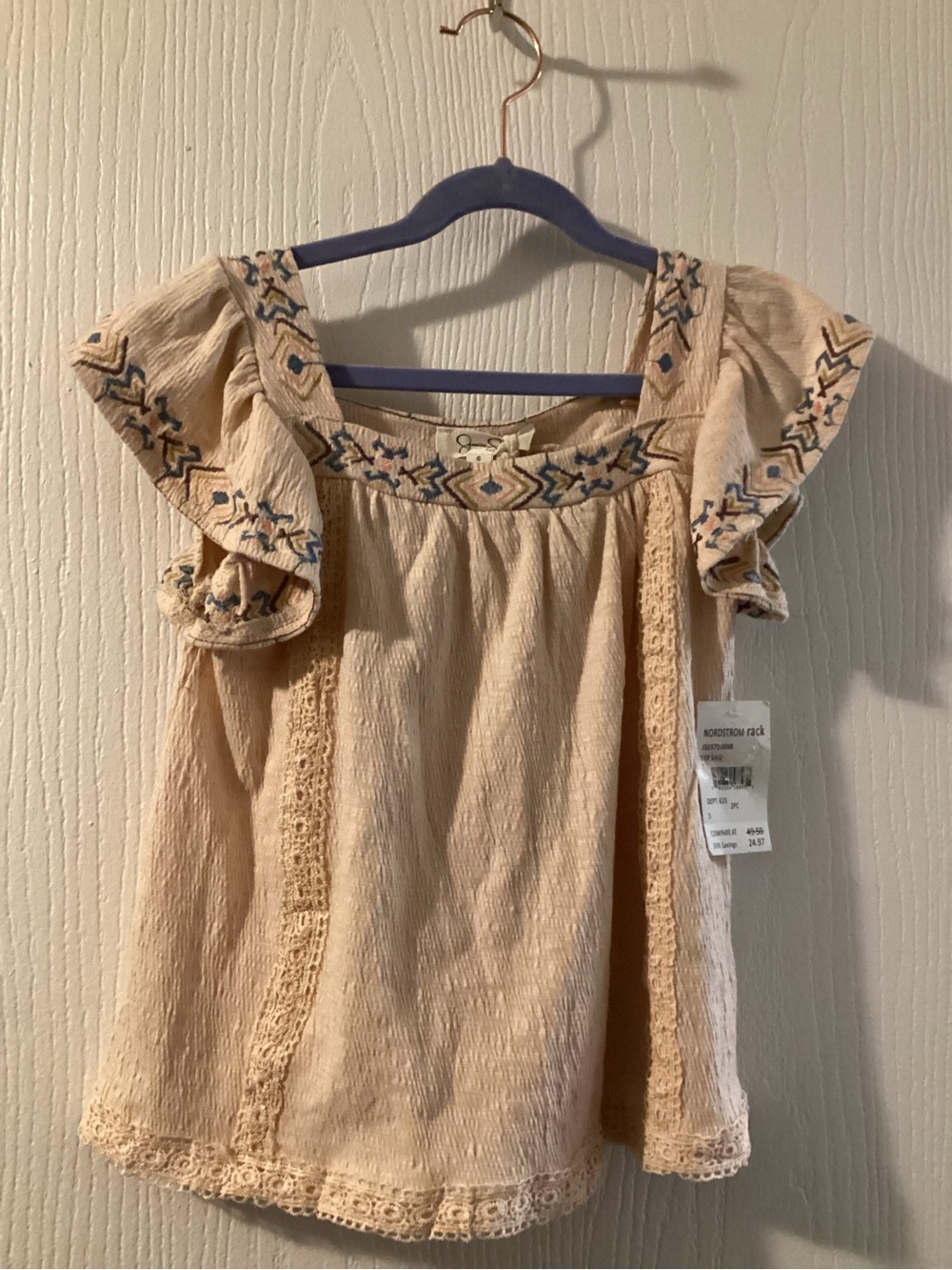 Jessica Simpson Cream Embroidered Flutter Sleeve Tank Top